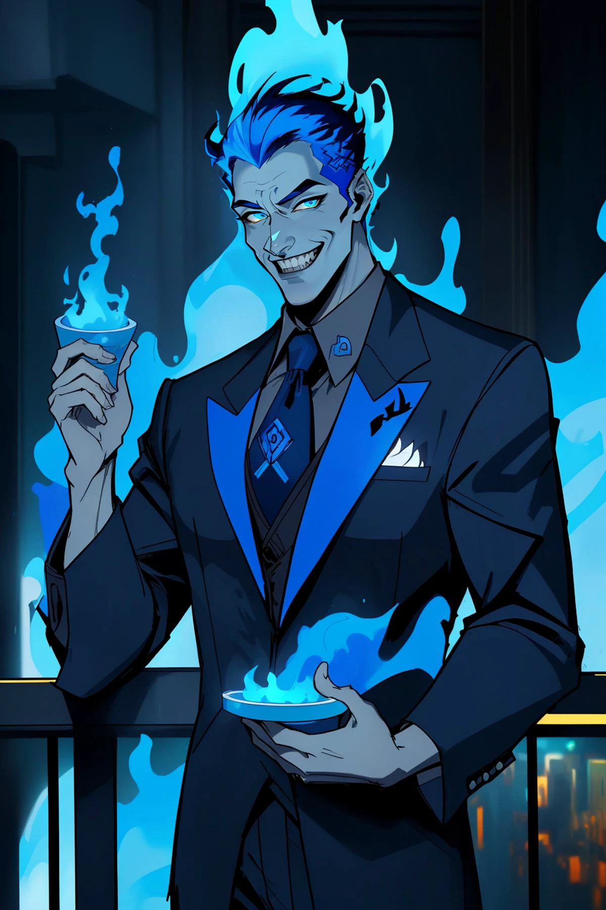 <lora:Hades_Disney:0.6>Hades_Disney,suit,necktie,cyberpunk,bar,indoors,beautiful lighting,handsome, grey skin, (blue fire:1, fiery hair, blue fire), grin, (masterpiece, best quality,highres, perfect hands)