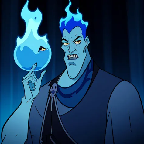 <lora:Hades_Disney:0.9>, Hades_Disney, (blue fire:1, fiery hair, blue fire), solo, 1boy, gray skin, elongated chin, tiny round yellow eyes, looking at viewer, upper body, disney aesthetic, pale gray skin, huge open mouth with tiny sharp teeth, extra long and big chin