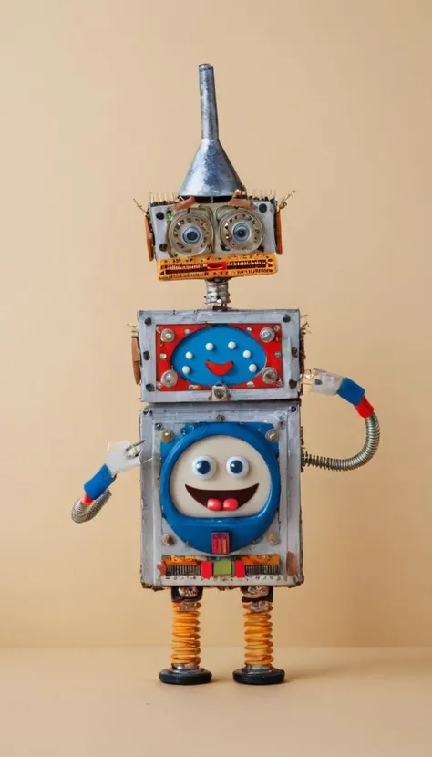 <lora:JunkBots_XL:1> a 1990s mall portrait of a silly character, character portrait, retro photo