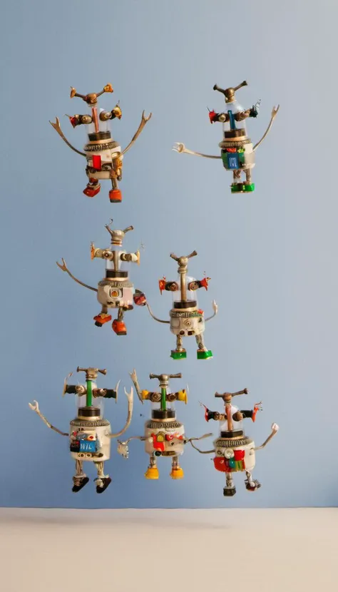 <lora:JunkBots_XL:1> Group shot of a group of characters jumping in the air and waving their arms, a sunny day