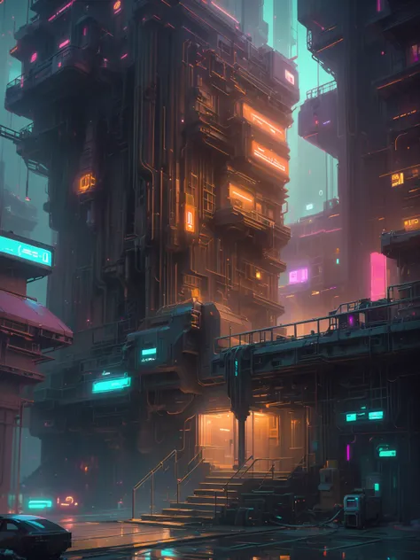 digital painting, neoncore, mansion in a dingy scifi topia outside of time, masterpiece, by Daniel Dociu<lora:EnvyNeoncoreXL01:0.4>