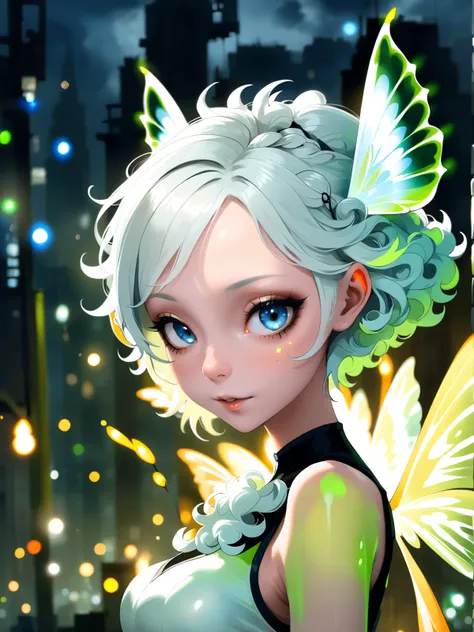 digital painting, neoncore, 1girl, woman, slate gray skin, f/1.4 lens, bokeh, tiny Uva-ursi fairy empress,butterfly wings, see-through gossamer, bombshell hair, pastel white hair, Pompadour,curly hair, average figure, albino, (mysterious fantasy cloud city beyond the beginning of reality:1)<lora:EnvyNeoncoreXL01:2.3>