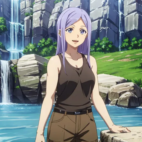masterpiece,highres,high quality,extremely detailed,solo,
<lora:AnjuEmma001:0.7>,smile,open mouth,
AnjuEmma,1girl,
purple hair,
black tank top,belt,pants,
waterfall,bathing,