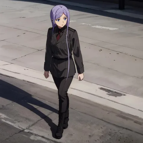 masterpiece,highres,high quality,extremely detailed,solo,
<lora:AnjuEmma001:0.7>,
AnjuEmma,1girl,
purple hair,
military uniform,black jacket,collared shirt,black shirt,red necktie,
tight skirt,black pants,
boots,walking,