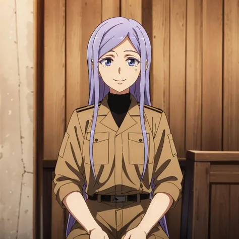 masterpiece,highres,high quality,extremely detailed,solo,
<lora:AnjuEmma001:0.7>,smile,
AnjuEmma,1girl,
1mole,purple hair,
military uniform,jacket,turtleneck shirt,
belt,pants,