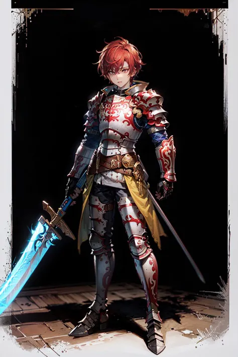 masterpiece, 1boy,(Tattered clothes:1) elegant knight ,detailed pupils ,red hair, red and white armor, kubrik stare, tan skin, greaves, long sword,<lora:granblueFantasyStyle:0.7>