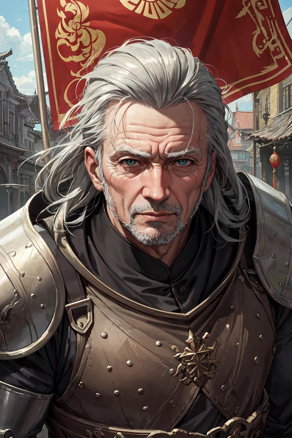 (masterpiece, top quality, best quality, official art, beautiful and aesthetic:1.2), extreme detailed, (abstract:1.2), visual chaos, captivating patterns, highest detailed,
(1man, wrinkled face, old male:1.2), wise, green eyes, gray hair, goatee,
solo, half shot, looking up, detailed background, detailed face, (imperial chinese theme:1.1), footsoldier, keeping watch, stoic, shield, iron armor, purple banner, town square in background, low light, medieval atmosphere,
<lora:granblue2:0.5>,