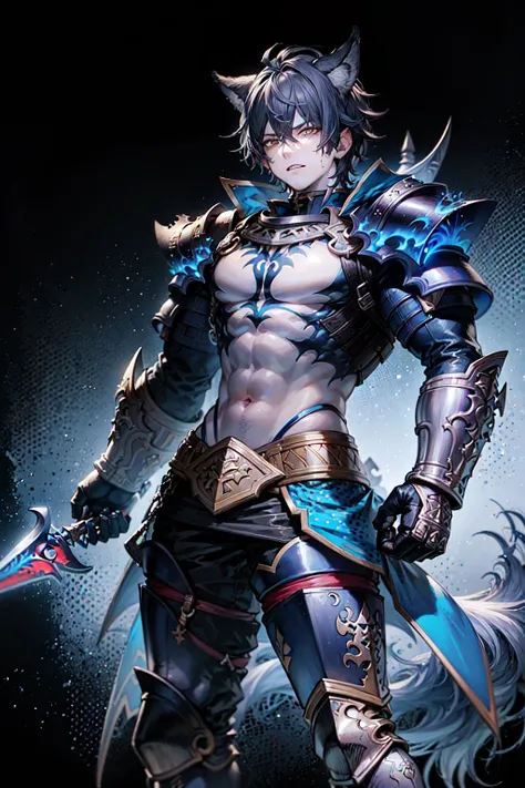 masterpiece, (1boy:1.2),(Tattered clothes:1) wolf knight, muscular ,detailed pupils ,dark blue hair, blue and black armor, kubrik stare, pale skin, greaves, dagger, dual wielding <lora:granblueFantasyStyle:0.7>