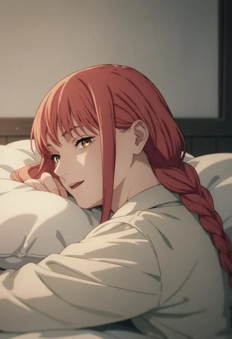 Makima \(chain saw man\), holding knife, Blood Rain, 1girl in, Yui, permanent, redhair, Long braided hair, Golden Eyes, fringe, medium breasts, White shirt shows through, tie, stay, they are sinful:1.2), look at viewr, dark backgrounds, pant rack pan quality, glistning skin, top-quality, High resolution, Panty Pose, (Fully exposed panties:1.5)、vests, quality, Looking back, Panty Pose, (Fully exposed panties:1.5)、 (original panties:1.3), (laying on back, Head on pillow:1.6), ( Closed legs:1.2), (from behind, Lower body, Looking at Viewer :1.4),(nsfw)
