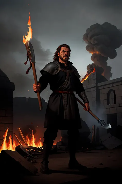 warrior on a battlefield, medieval, big axe in his hand, grim expression, facial hair, bleeding, full body, ancient city, burning, flames,
intricate details, hyperdetailed, cinematic, realistic, masterpiece