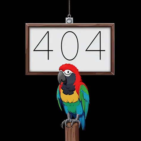 plain dark background, parrot with a confused expression, white sign above it, cartoon,