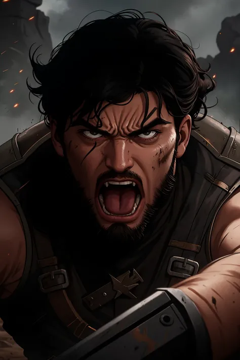 angry male warrior on a futuristic battlefield, shouting, open mouth, looking at the viewer, head down, battle cry, intense, furious, stubble, dirty, wild, savage,
highly detailed, realistic, cinematic,