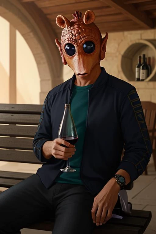 rodian alien, sitting on a bench with a bottle of wine in his hand, drunk., intricate details, hyperdetailed, cinematic, realistic, masterpiece <lora:RodiantestSkin1:0.8>