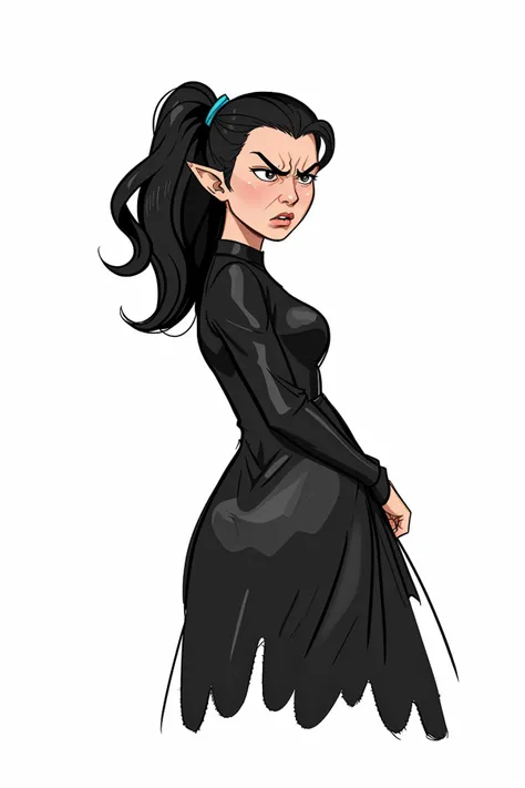 angry woman with pointy ears, black gown, sketch,