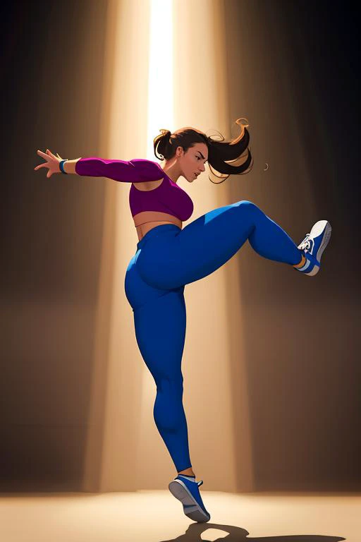 woman performing a jump kick, highly detailed, plain background, in motion, dramatic light, iconic, abstract, colorful
