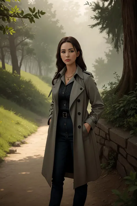 woman, trenchcoat, out in nature, outside, intricate details, hyperdetailed, cinematic, realistic, masterpiece