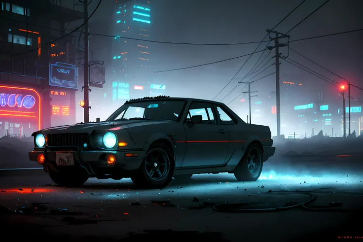 mechanical car, neon, wires, screws, gears, tires, (blue fiery lights), gloomy, foggy, mist, scary, dark, steam, broken parts, dirty, rusty, broken glass, dents, strong headlight beams,
futuristic, neonpunk style, cyberpunk,, intricate details, hyperdetailed, cinematic, realistic, masterpiece