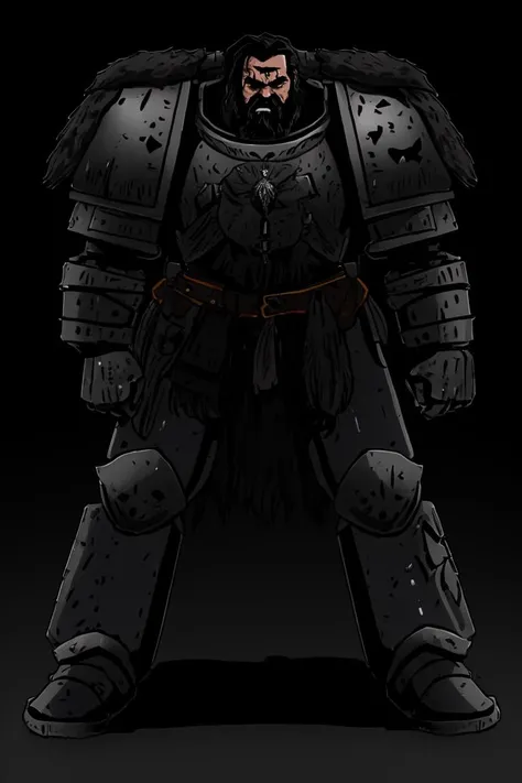 spcwlf in full armor with a black beard and black hair, grim expression, crouching and leaning towards the camera, face focus, cinematic, highly detailed, grim and grainy, dark background, dramatic light,
<lora:Space_Wolves_-_Warhammer_40000:0.8>