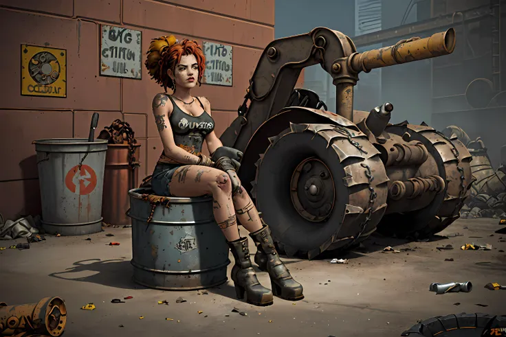 punk girl sitting on a round metal robot (tank wheels, trash collector with a bucket wall, shovel excavator, spikes, rust, old, weathered, metallic, spirals, rubber, oil, old, dented, broken parts, scratches, dirt, dusty, exhaust, combustion engine, chains, dull flaky yellow paint).
realistic, cinematic, highly detailed,