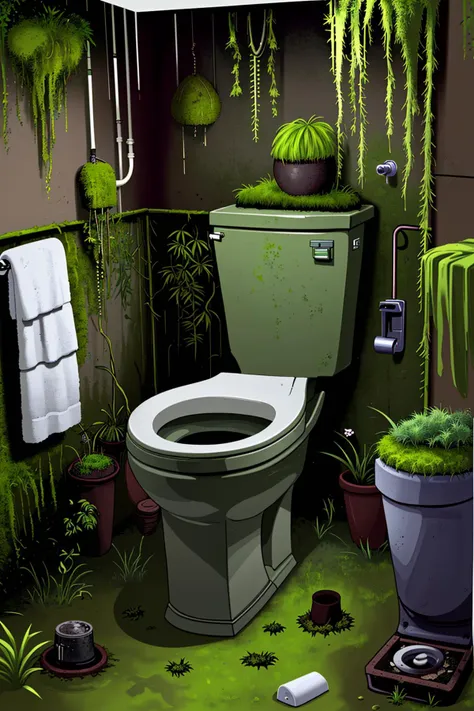 big overgrown bathroom, moss covered toilet, moss covered toilet seat, overgrown toilet, plants, moss, water, plants growing everywhere, moss covered toilet tank, grass in the toilet tank, gras, vegetation, dirty toilet,