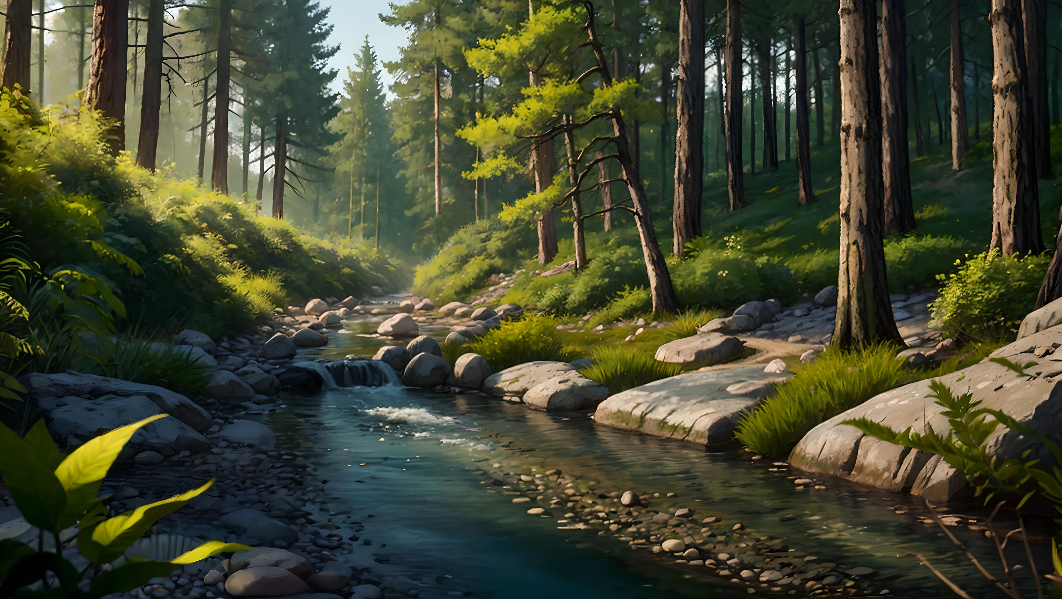 beautiful landscape photo, small stream in the freground with sandy shores, small stones and twigs, trees lining the stream, a forest in the background, small hills, dense vegetaton,
highly detailed, realistic, cinematic,