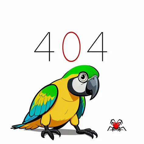 plain white background, parrot with a confused expression, white sign above it, cartoon, bugs crawling over the image,