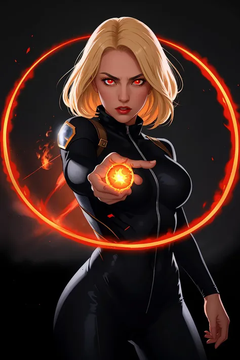 female mage is casting a violent fire spell against the viewer, tight white and black bodysuit, blonde hair, red glowing eyes, looking at viewer, futuristic, bright lights, powerful, dramatic, flashy, white background, spinning circles,
highly detailed, realistic, cinematic,