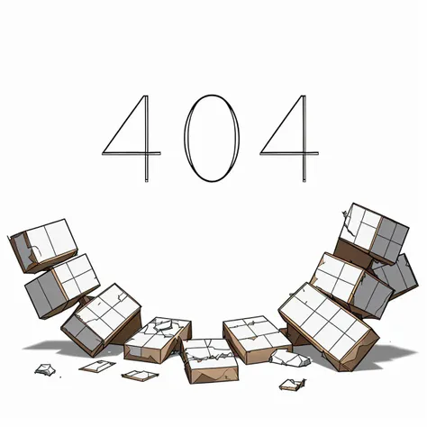 plain white background, bunch of broken packages centered in the middle, white sign above it