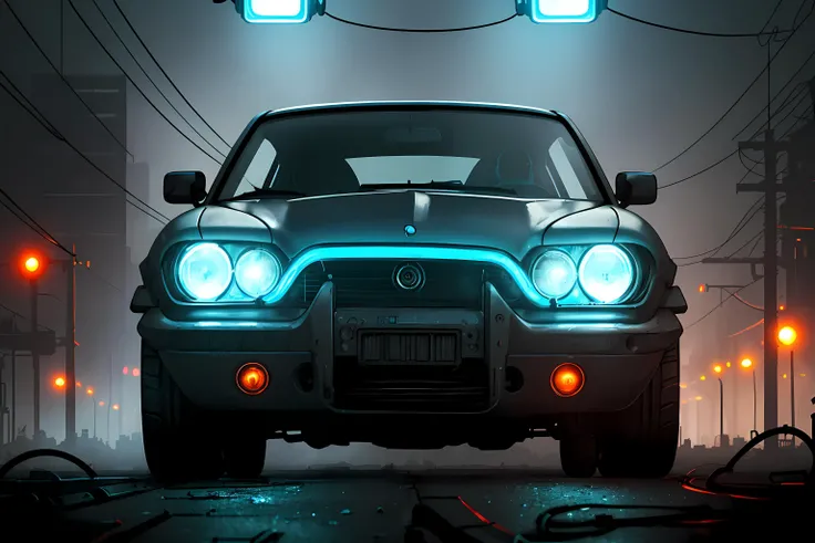 mechanical car, neon, wires, screws, gears, tires, (blue fiery lights), gloomy, foggy, mist, scary, dark, steam, broken parts, dirty, rusty, broken glass, dents, strong headlight beams,
futuristic, neonpunk style, cyberpunk,, intricate details, hyperdetailed, cinematic, realistic, masterpiece