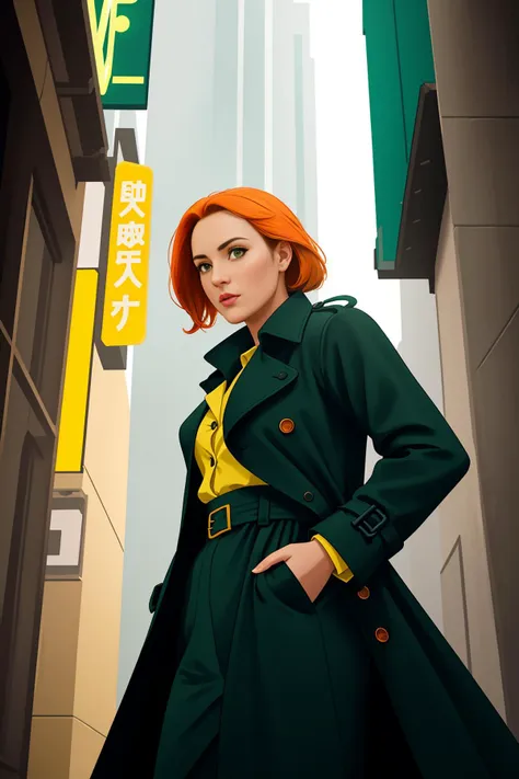 woman, trenchcoat, from below, green, bright, yellow, black, orange, blue, old adventure style,, intricate details, hyperdetailed, cinematic, realistic, masterpiece