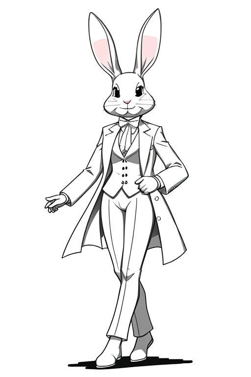 a smiling rabbit walking on two legs, wearing white coat and hat, sketch, line art, monochrome, black and white