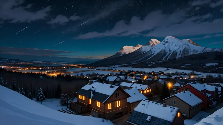 beautiful landscape photo, small village in winter times, covered in snow, from above, lights in the windows, street lights, dark, night, mountains in the background, stars in the sky,
highly detailed, realistic, cinematic,