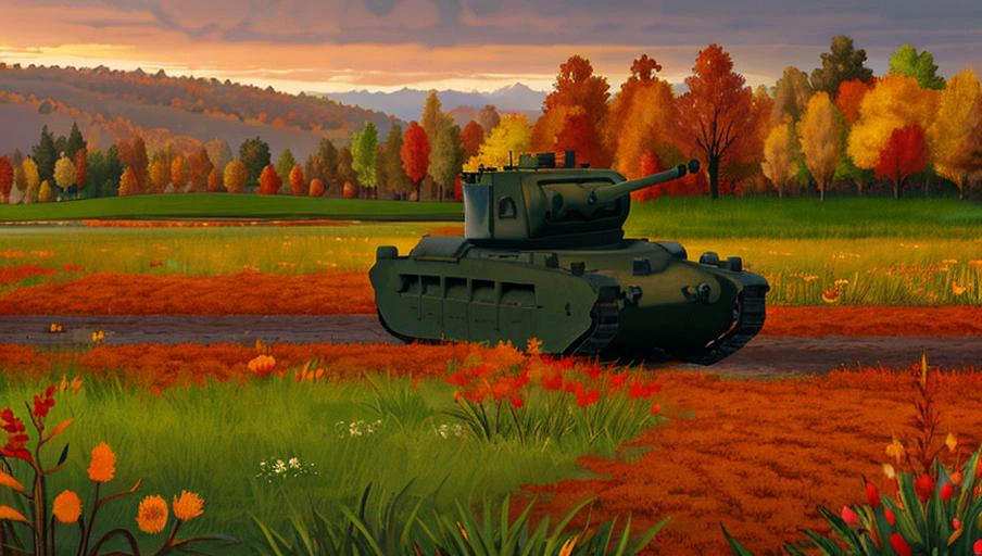 beautiful landscape photo, field with flowers in the foreground, autumn, fall colors, (matilda tank:1.2) driving through the flowers, trees in the background,
highly detailed, realistic, cinematic, <lora:Matilda_II_Tank:0.8>
