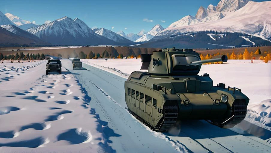 snowy landscape, great open plains, group of (matilda tank:1.2) driving through the snow, mountains in the background,
highly detailed, realistic, cinematic, <lora:Matilda_II_Tank:0.8>