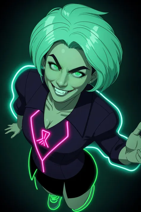 woman, evil smile, from above, green, bright, neon,