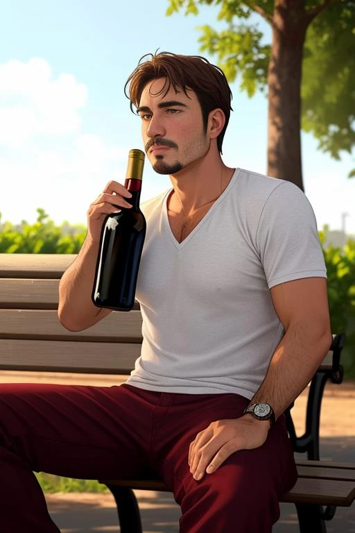 man, facial hair, unshaven, sitting on a bench with a bottle of wine in his hand, drunk., intricate details, hyperdetailed, cinematic, realistic, masterpiece