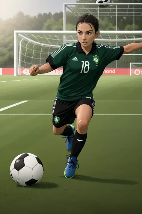 woman playing soccer, green soccer field, grass, soccer ball, running, preparing to kick the ball,, intricate details, hyperdetailed, cinematic, realistic, masterpiece