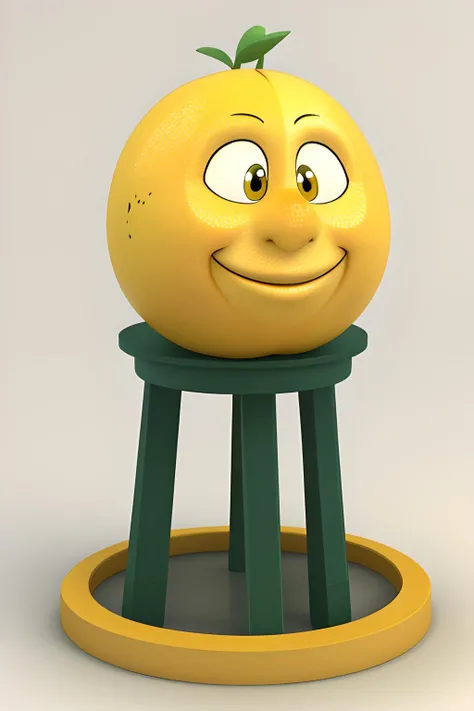 a big yellow lemon with a face with eyes and a big smile is sitting on a table, looking happy, low angle, from below, cartoon, 3d,