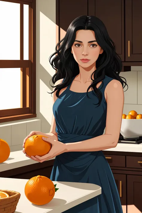 woman with long black wavy hair and a blue dress is throwing oranges at the viewer in her kitchen, realistic, cinematic, highly detailed, soft light, masterpiece,