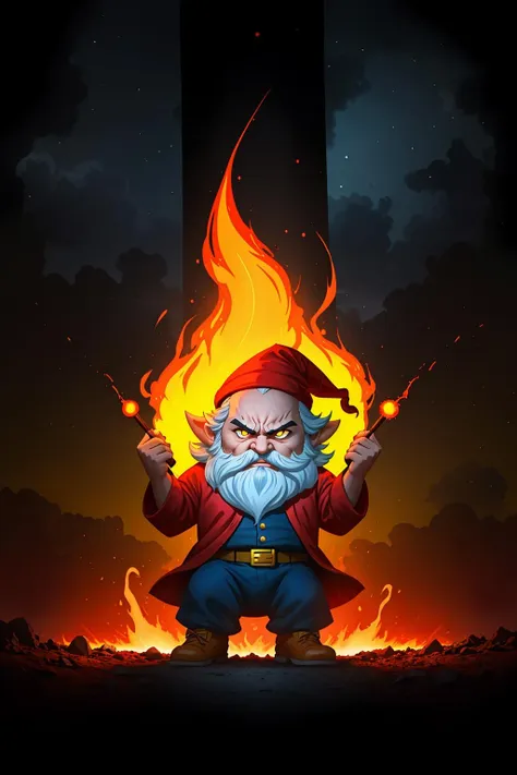 angry garden gnome is casting a violent fire spell against the viewer, red glowing eyes, looking at viewer, futuristic, bright lights, powerful, dramatic, flashy, swirls,  (bright yellow background), clouds, spinning circles,
highly detailed, realistic, cinematic,