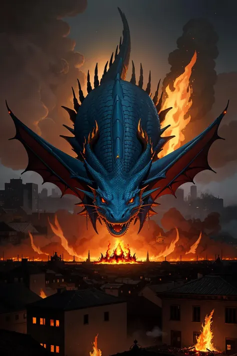 blue dragon burning a city to the ground, ancient city, burning, flames,
intricate details, hyperdetailed, cinematic, realistic, masterpiece