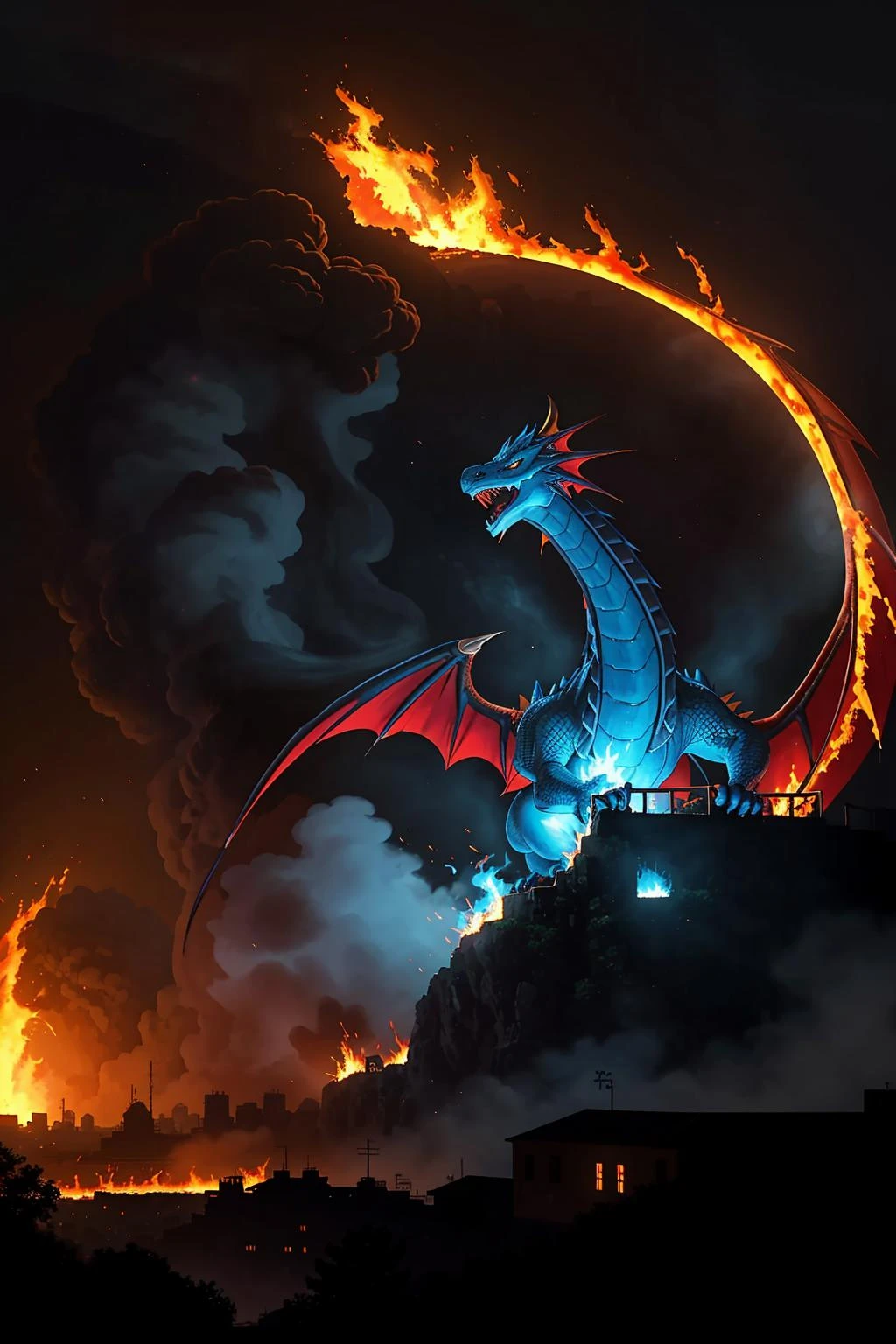 blue dragon burning a city to the ground, ancient city, burning, flames,
intricate details, hyperdetailed, cinematic, realistic, masterpiece