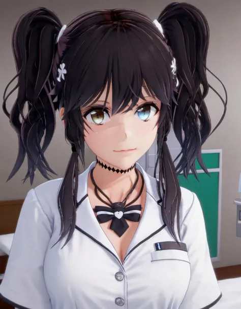 <lora:Kaori_Kadowaki:.8>, masterpiece, best quality, <lora:DetailedEyes_V3:1> heterochromia, naughty nurse, sensual face, twintails, long_hair, hospital room