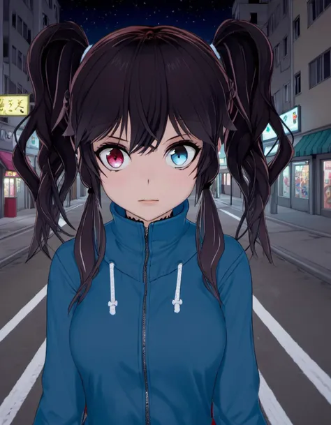<lora:Kaori_Kadowaki:.8>. heterochromia. twintails as a comicbook superhero, city streets, night