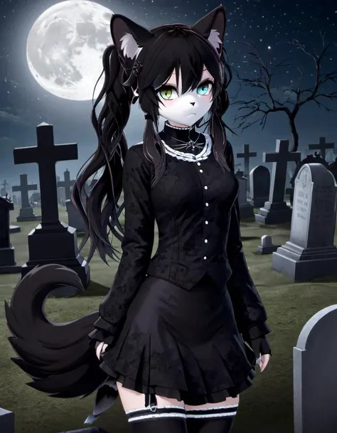 <lora:Kaori_Kadowaki:.8>, masterpiece, best quality, <lora:DetailedEyes_V3:1> heterochromia, black anthro cat, twintails, long_hair, graveyard at night