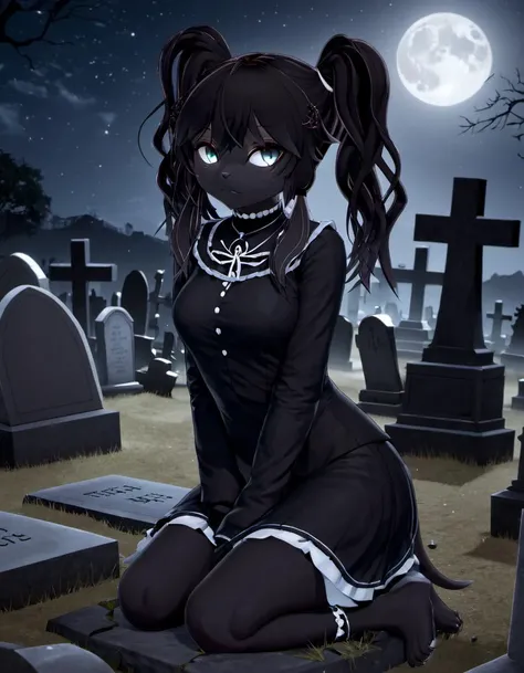 <lora:Kaori_Kadowaki:.8>, masterpiece, best quality, <lora:DetailedEyes_V3:1> heterochromia, black anthro cat, twintails, long_hair, graveyard at night