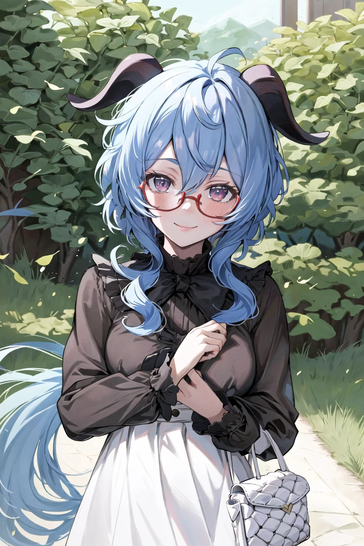 masterpiece, best quality, ultra-detailed, illustration, absurdres, 1girl, <lora:Bankyu-test:0.7>, looking at viewer, standing, portrait, upper body, smile, close-up, goat horns, red-framed eyewear,