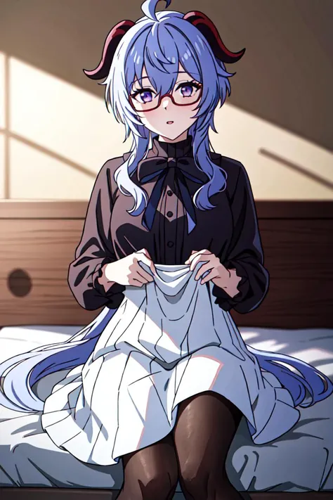 1girl, solo, cowboy shot, <lora:bankyu:0.7>, bankyu, purple_eyes, horns, white_skirt, long_hair, long_sleeves, ahoge, pantyhose, glasses, 
soles, soles_in_pantyhose,
bed, blanket, pillow, white_room, sunlight, shadow, 
gradient background, depth_of_field, blurry, blurry_background, blurry_foreground, motion_blur,, weird atmosphere, (best quality:1.1), (masterpiece:1.2), high quality shadow, beautiful detailed, (high detailed skin, skin details), (wide_landscape, 8k), beautiful face, detailed eyes, depth of field, dramatic light, best quality, highres, best shadow, best illumination,