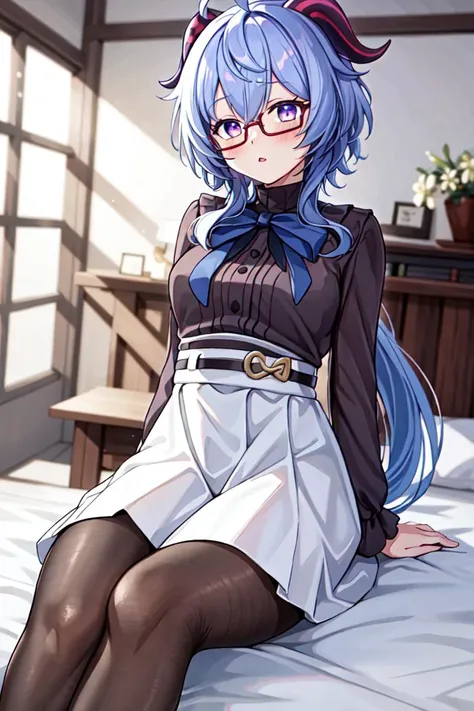 1girl, solo, cowboy shot, <lora:bankyu:0.7>, bankyu, purple_eyes, blue ribbon, black_shirt, white_skirt, long_hair, long_sleeves, ahoge, horns, glasses, 
feet, pantyhose, soles, soles in pantyhose, looking at viewer, 
bed, blanket, pillow, white_room, sunlight, shadow, 
gradient background, depth_of_field, blurry, blurry_background, blurry_foreground, motion_blur,, weird atmosphere, (best quality:1.1), (masterpiece:1.2), high quality shadow, beautiful detailed, (high detailed skin, skin details), (wide_landscape, 8k), beautiful face, detailed eyes, depth of field, dramatic light, best quality, highres, best shadow, best illumination,