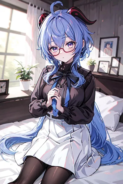 1girl, solo, cowboy shot, <lora:bankyu:0.7>, bankyu, purple_eyes, blue hair, blue ribbon, black_shirt, white_skirt, long_hair, long_sleeves, ahoge, horns, glasses,
feet, pantyhose, soles, soles in pantyhose, looking at viewer,
bedroom, bed, blanket, pillow, sunlight, shadow,
gradient background, depth_of_field, blurry, blurry_background, blurry_foreground, motion_blur,, weird atmosphere, (best quality:1.1), (masterpiece:1.2), high quality shadow, beautiful detailed, (high detailed skin, skin details), (wide_landscape, 8k), beautiful face, detailed eyes, depth of field, dramatic light, best quality, highres, best shadow, best illumination,